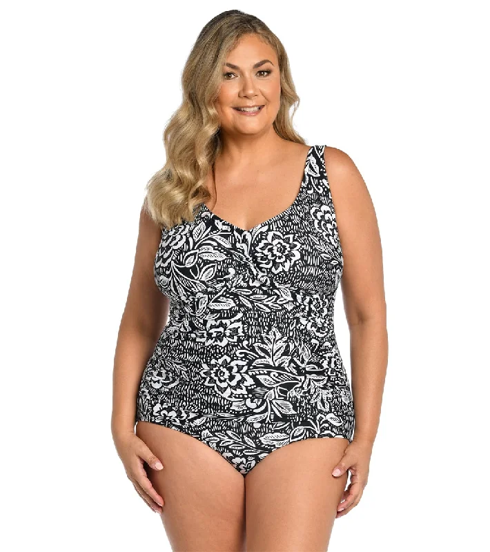 Maxine Women's Plus Size Tahitian Tribe Floral Twist Front One Piece Swimsuit Black Halter Neck Swimsuit