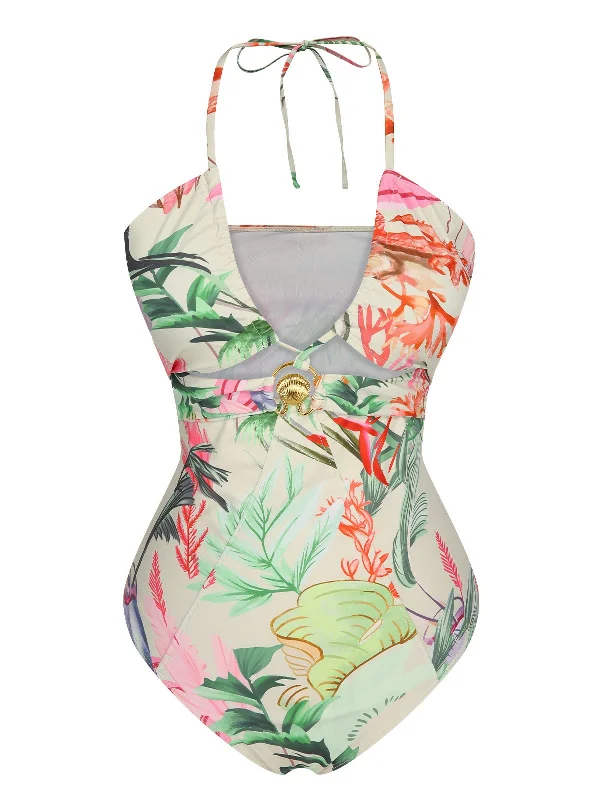 Multicolor 1960s Chest Buckle One-Piece Swimsuit Stylish Cover-Up Set