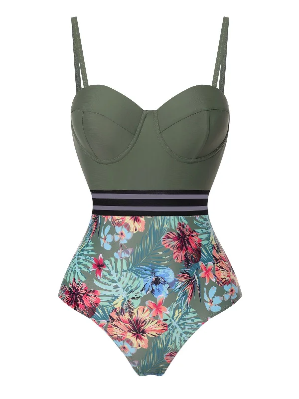 Green 1970s Tropical Patchwork Strap Swimsuit Sexy Swimwear Set