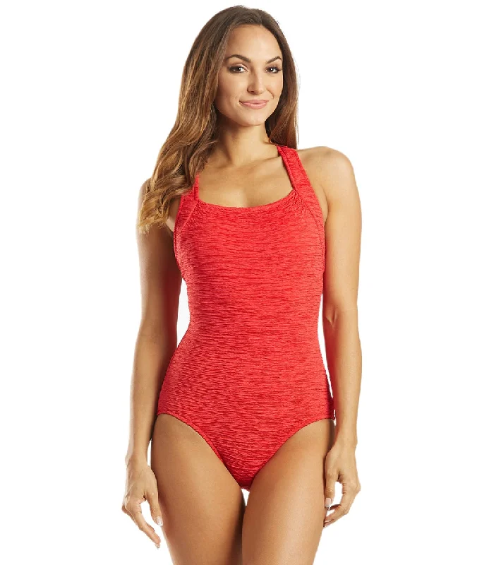 Penbrooke Krinkle Chlorine Resistant Active Back One Piece Swimsuit (D-Cup) Red Retro-Inspired Bikini Set