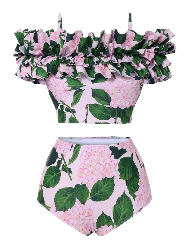 Pink 1950s Cold-Shoulder Floral Ruffle Swimsuit Ruched Swimwear Set