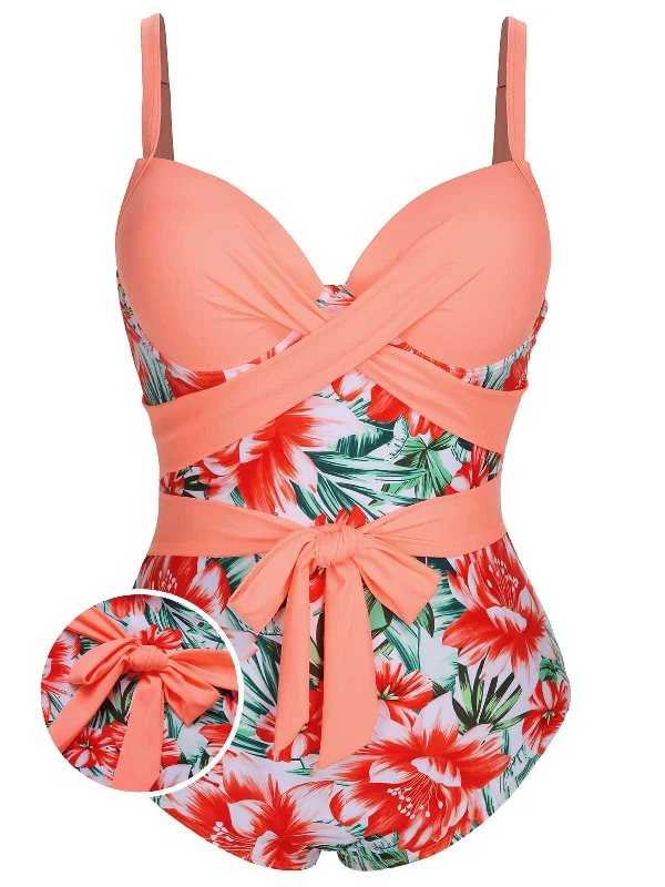 [Plus Size] 1940s Strap Flowers One-Piece Swimsuit Elegant Halter Bikini