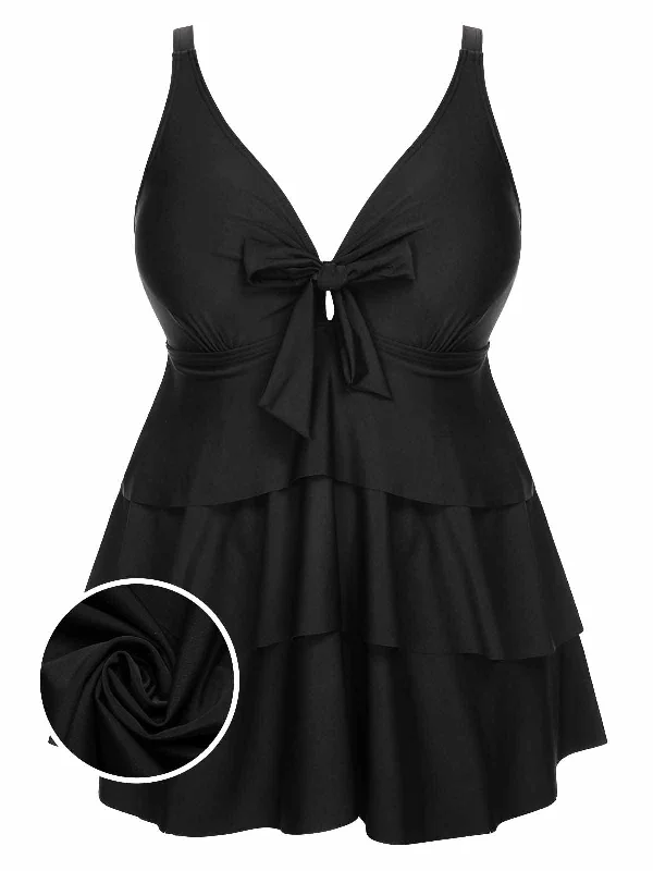 [Plus Size] 1950s Solid Front Tie Ruffle Swimsuit Vintage Swimwear Look