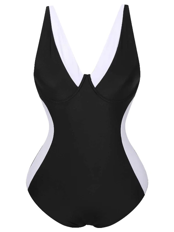 [Plus Size] Black 1930s Contrast One-Piece Swimsuit Luxury Swimsuit Style