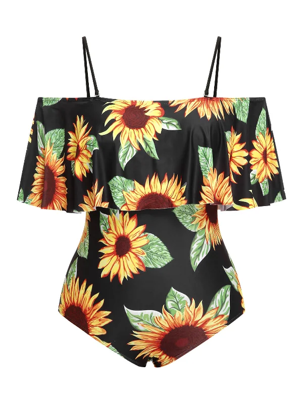 [Plus Size] Black 1940s Sunflower Cold-Shoulder Swimsuit Halter Top Bikini