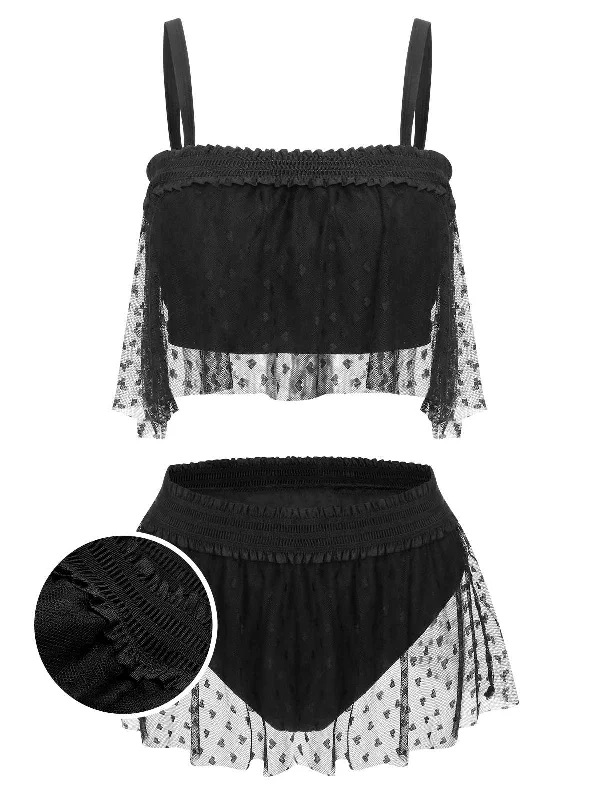 [Plus Size] Black 1950s Strap Mesh Swimsuit Push-Up Swimsuit Top