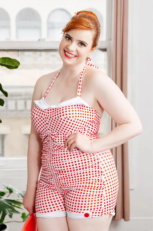 [Plus Size] Gingham 1950s Halter Bowknot One-piece Swimsuit Bold High-Cut Bikini