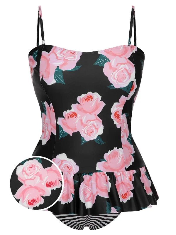 [Plus Size] Multicolor 1930s Ruffled Hem Printed Swimsuit Playful Pattern Swimsuit