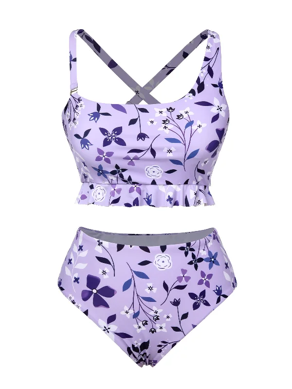 Purple 1930s Floral Irregular Shoulder Straps Swimsuit Stylish Swimsuit Set