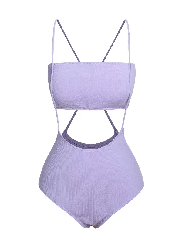 Purple 1950s Spaghetti Strap Bandeau Swimsuit Strappy Back Bikini