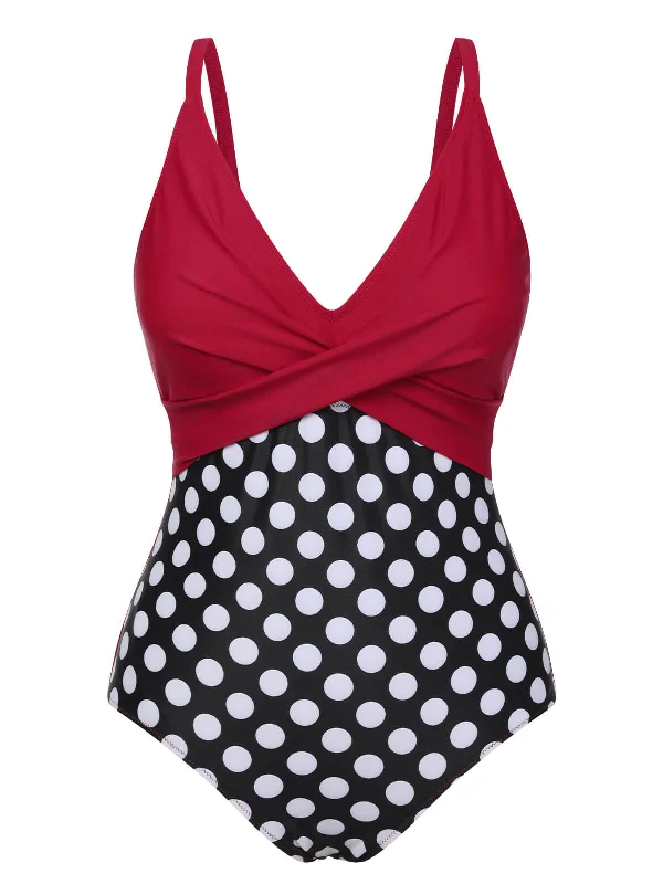 Red 1960s Polka Dot Patchwork Swimsuit Cross-Back Bikini