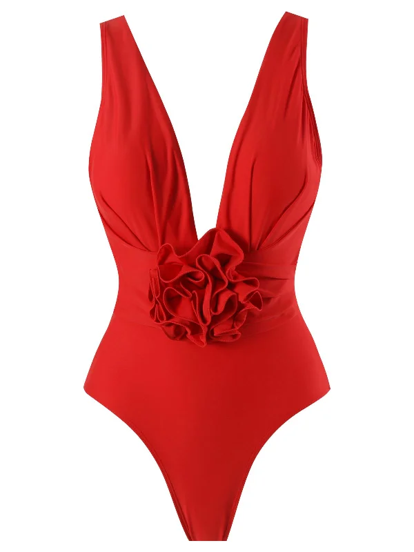 Red 1960s Solid 3D Flower Backless Swimsuit Color-Block Bikini