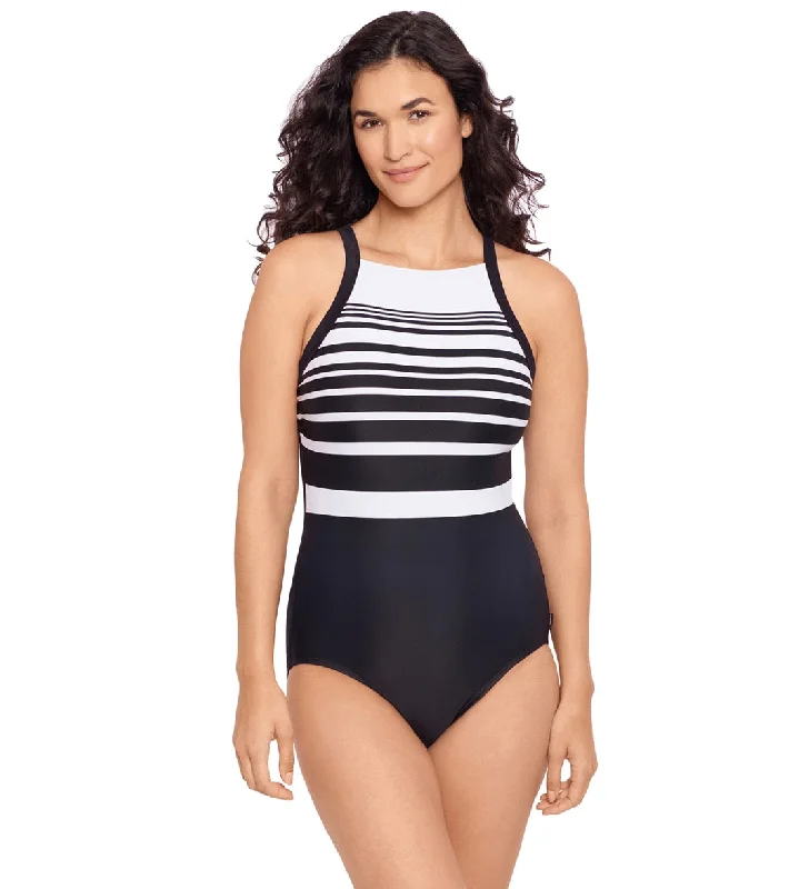 Reebok Women's Insta Stripe High Neck Chlorine Resistant One Piece Swimsuit Black/White Deep-V Swimsuit Design