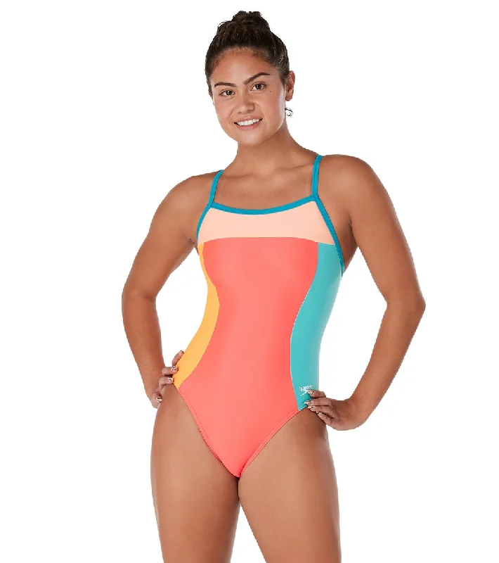 Speedo Vibe Women's Colorblock Propel Back One Piece Swimsuit Trendy Swimsuit Bottoms