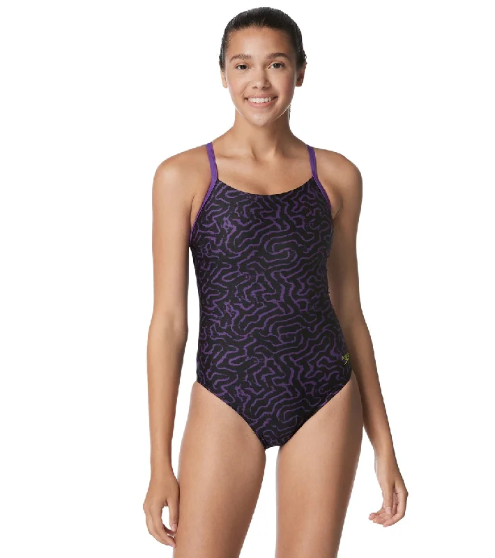 Speedo Women's Race Maze Flyback One Piece Swimsuit Speedo Purple Fun Pattern Swimsuit