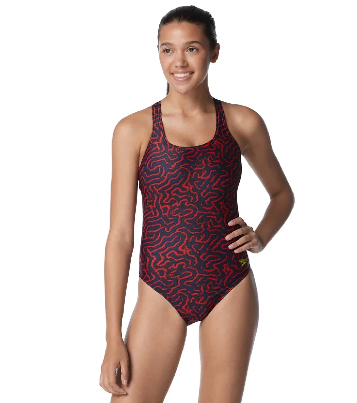 Speedo Women's Race Maze Super Proback One Piece Swimsuit Red/White/Blue V-Neck Swim Dress