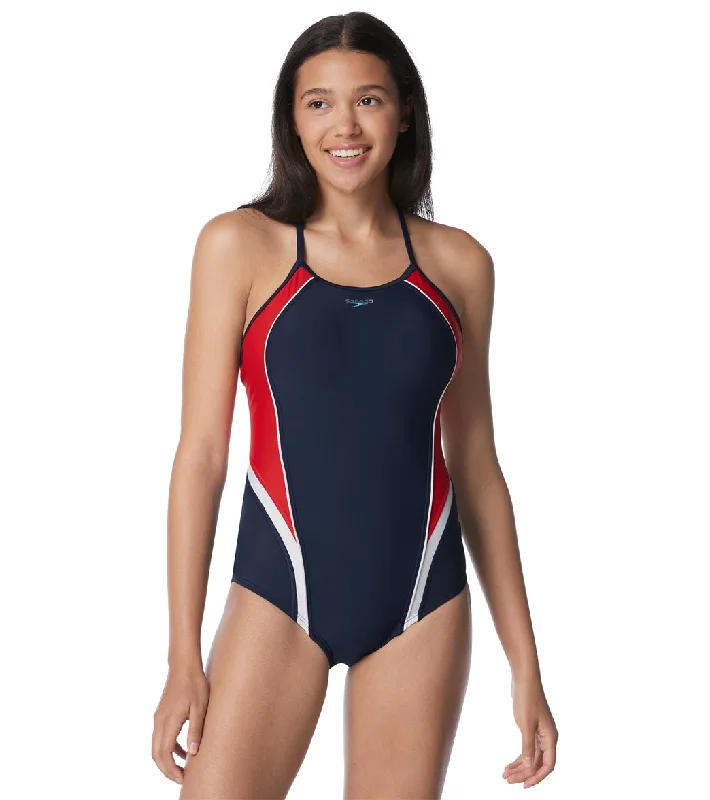 Speedo Women's Thin Strap Quantum One Piece Swimsuit Red/White/Blue Elegant Swim Dress