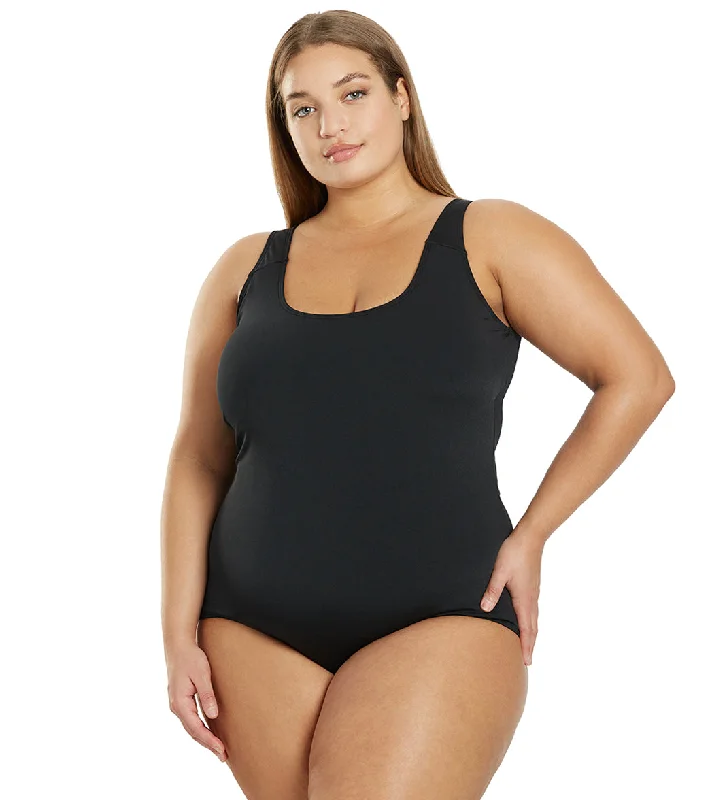 Sporti Plus Size HydroLast Chlorine Resistant Moderate Scoop Back One Piece Swimsuit Black Halter Top Bikini