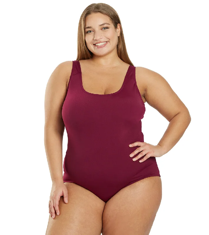 Sporti Plus Size HydroLast Chlorine Resistant Moderate Scoop Back One Piece Swimsuit Cabernet Elegant Ruffle Swimsuit