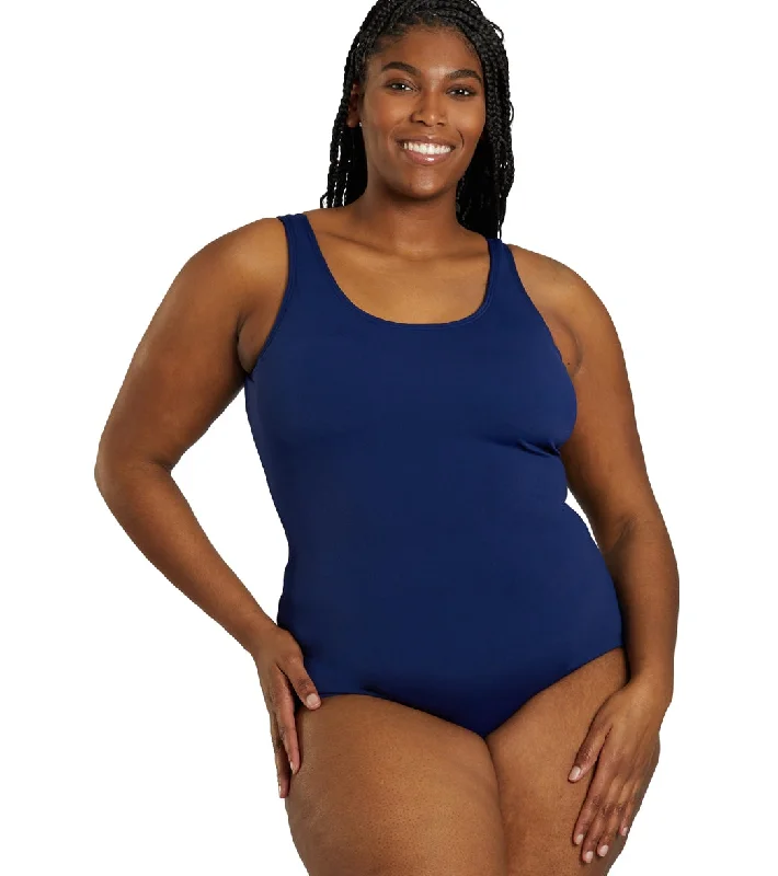 Sporti Plus Size HydroLast Chlorine Resistant Moderate Scoop Back One Piece Swimsuit Navy High-Waisted Swimwear