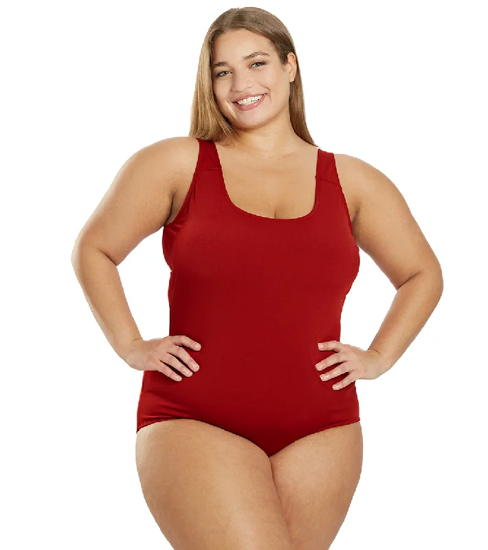 Sporti Plus Size HydroLast Chlorine Resistant Moderate Scoop Back One Piece Swimsuit Rosewood Shiny One-Piece Swimsuit