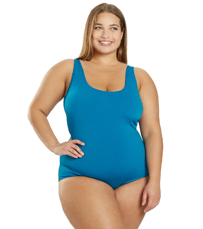 Sporti Plus Size HydroLast Chlorine Resistant Moderate Scoop Back One Piece Swimsuit Twilight Blue Button-Front Swimsuit