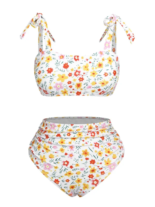 White 1930s Shoulder Straps Ditsy Florals Swimsuit Fun Pattern Swimsuit