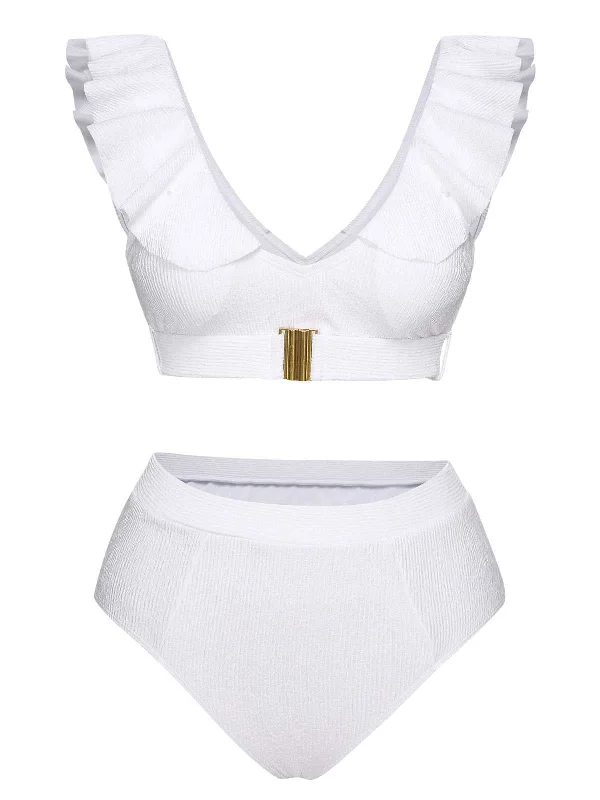 White 1950s Ruffles Solid Swimsuit Chic Bikini Set