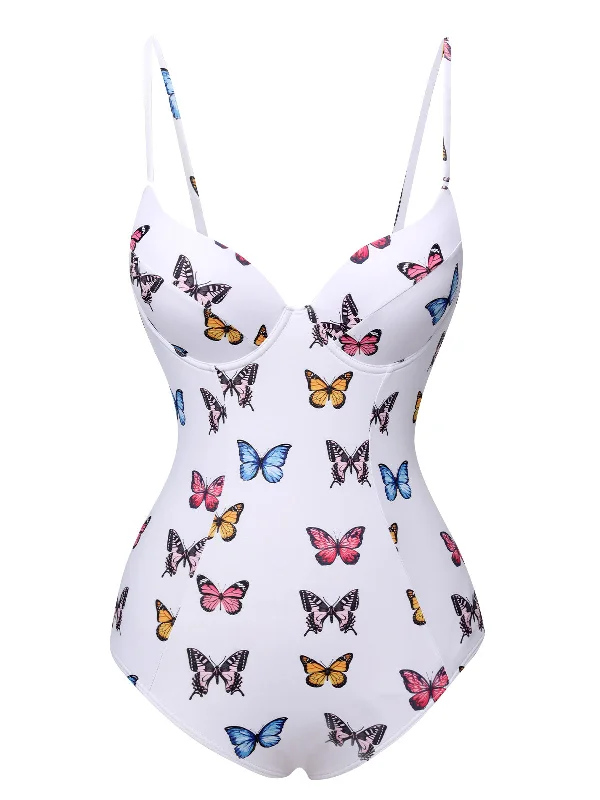 White 1970s Butterfly Strap One-Piece Swimsuit Sexy Monokini Swimsuit