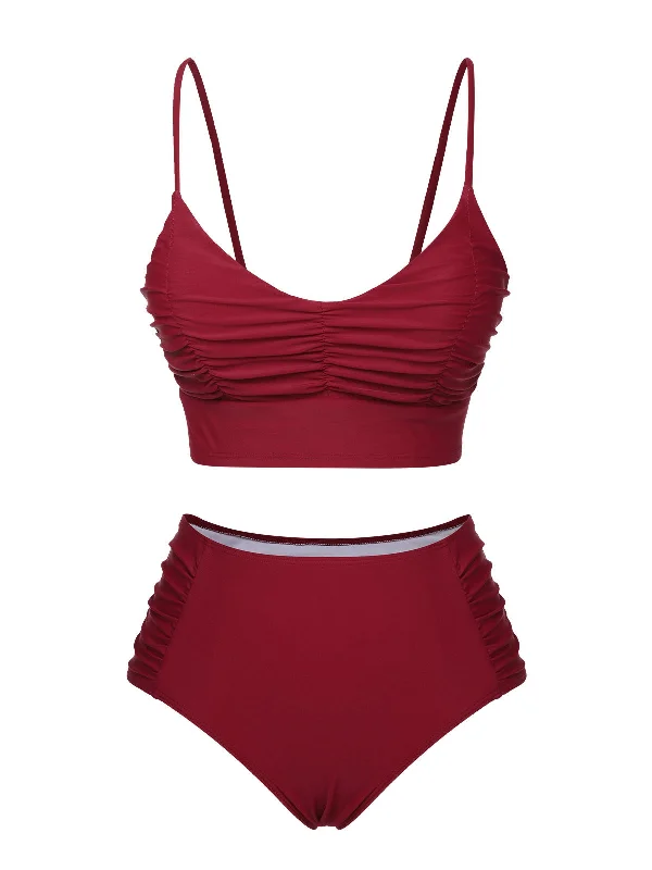 Wine Red 1930s Solid Wrinkle Swimsuit Comfortable Tankini Set