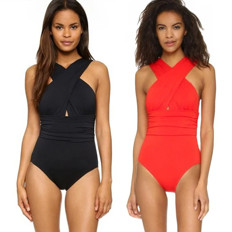 Women V Neck Cross One Piece Swimsuits Classic Two-Piece Bikini