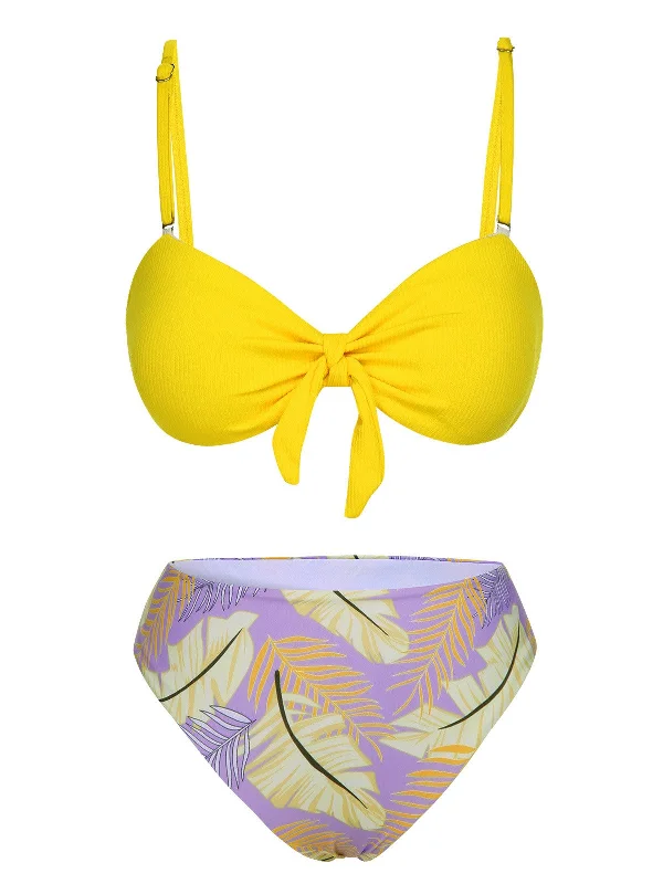 Yellow 1960s Plant Prints Halter Bow Swimsuit Plunge Back Swimsuit