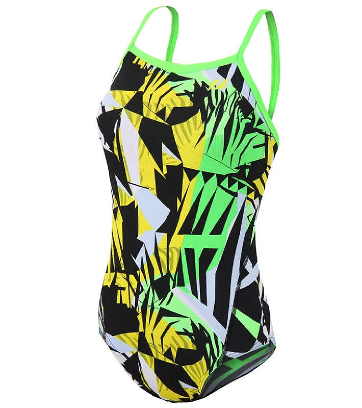 Zone3 Girls High Jazz 2.0 Strap Back Swimsuit Black/Grey/Gold Mesh Panel Swimwear