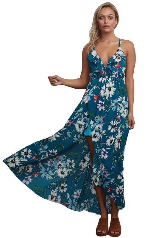 2024Slate Blue Floral Chiffon Spaghetti Straps Maxi Dress Comfortable T-Shirt Maxi Dress