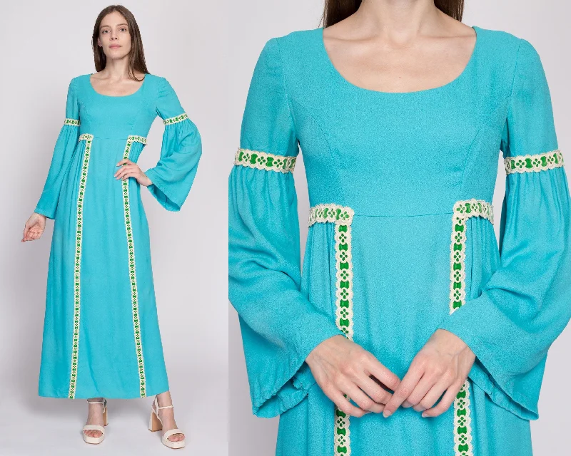 60s Boho Blue Empire Waist Bell Sleeve Maxi Dress, As Is - Extra Small Comfortable Bohemian Maxi Dress