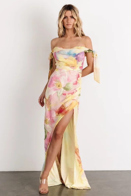 Allegra Off Shoulder Maxi Dress | Multi Floral Trendy Short Sleeve Maxi Dress