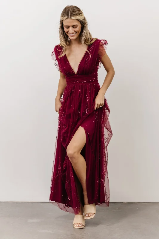 Annika Sequin Mesh Maxi Dress | Wine Comfortable Pleated Maxi Dress