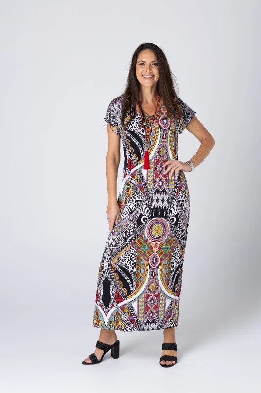 Aztec Print Short Sleeve Jersey Maxi Dress Cozy Maxi Dress with Slit