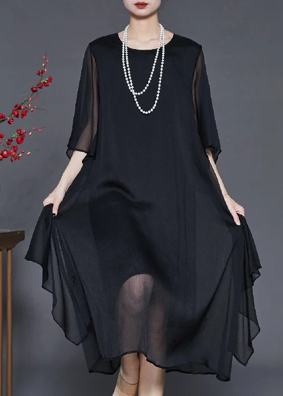 Black Draping Chiffon Maxi Dresses Oversized Summer Comfortable T-Shirt Maxi Dress