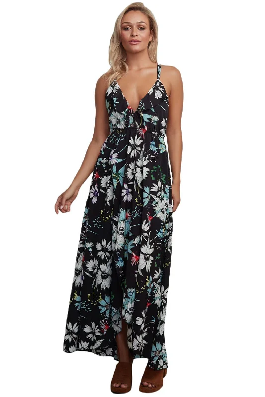 Black Floral Chiffon Spaghetti Straps Maxi Dress Comfortable Satin Maxi Dress