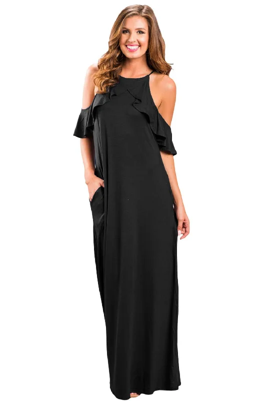 Black Ruffle Sleeve Cold Shoulder Maxi Dress Comfortable Ruffle Hem Maxi Dress