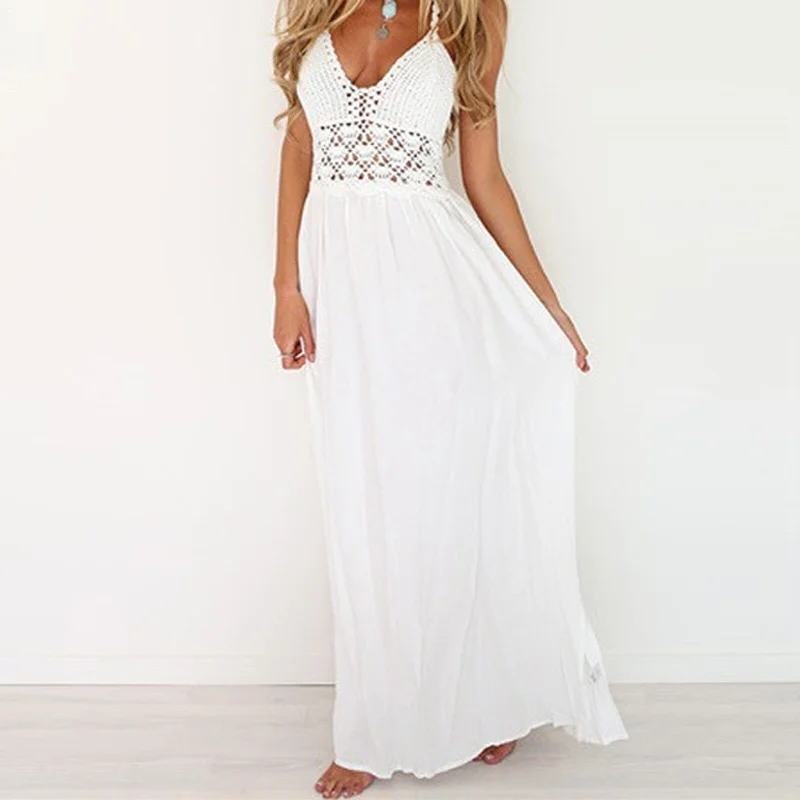 Boho Lace Patchwork Strapless Maxi Dress Elegant Maxi Dress with Ruffles