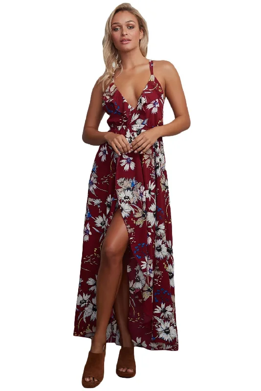 Burgundy Floral Chiffon Spaghetti Straps Maxi Dress Elegant Sleeveless Maxi Dress