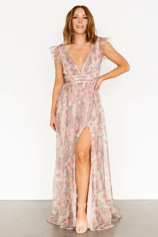 Carmine Maxi Dress | Mauve Floral Trendy Off-Shoulder Ruffle Maxi Dress