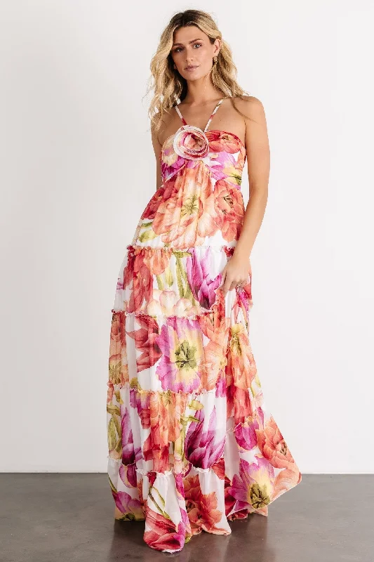 Charmaine Maxi Dress | Pink + Red Floral Chic Boho Print Maxi Dress