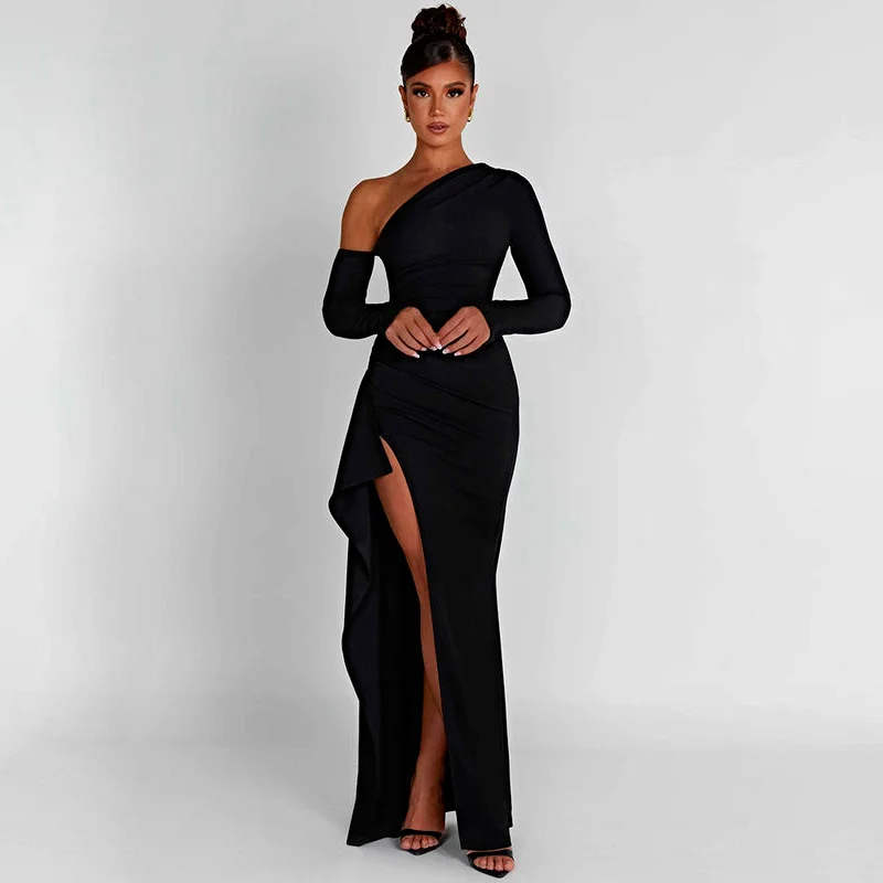 Chic Oblique Shoulder Thigh-High Split Maxi Dress - Sleeveless Backless Bodycon for Evening Parties Chic Summer Maxi Dress