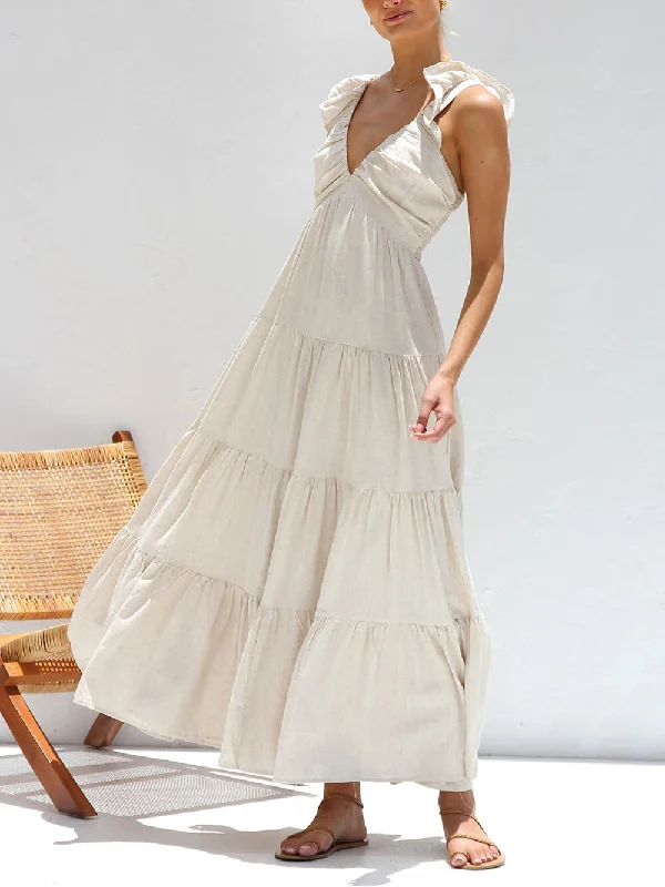 Ruffled Flying Sleeves Smocked Graceful Back Tiered Vacation Maxi Dress Elegant Lace Maxi Dress