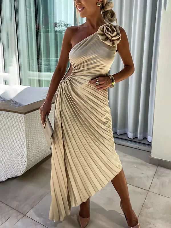 Romantic Night Guilloche Stretch Hollow Trendy One Shoulder Pleated Maxi Dress Stylish Maxi Dress with Frills