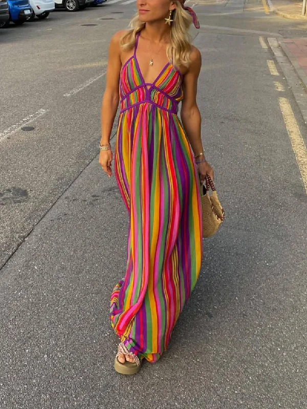 Rainbow Stripe Print Charming V-Neck Maxi Dress Trendy Maxi Dress with Belt