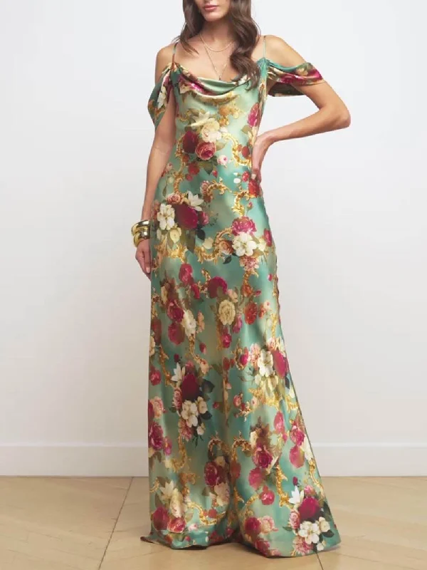 Radiant Off-The-Shoulder Stylish Printed Maxi Dress Cozy Maxi Dress with Slit